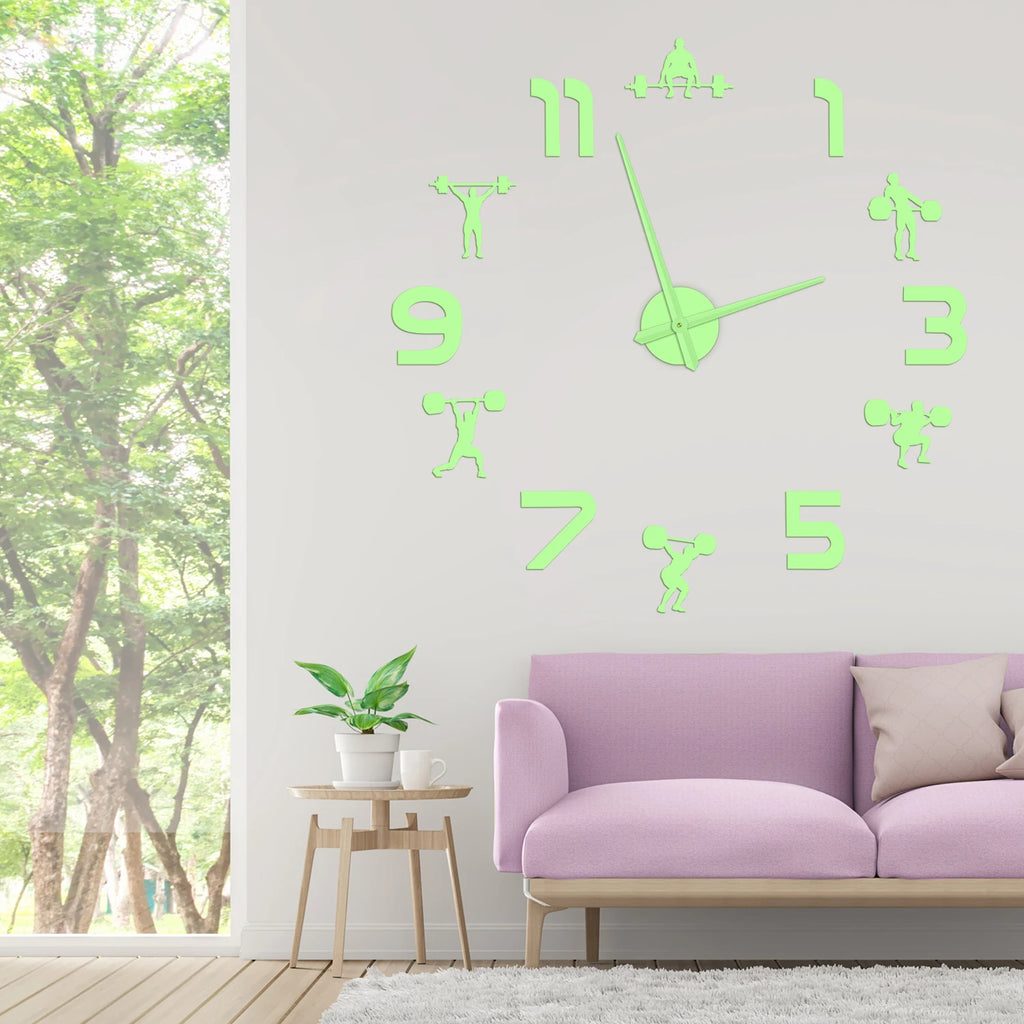 Weightlifting Fitness Room Wall Decor DIY Giant Wall Clock Mirror Effect Powerlifting Frameless Large Wall Clock GYM Wall Watch