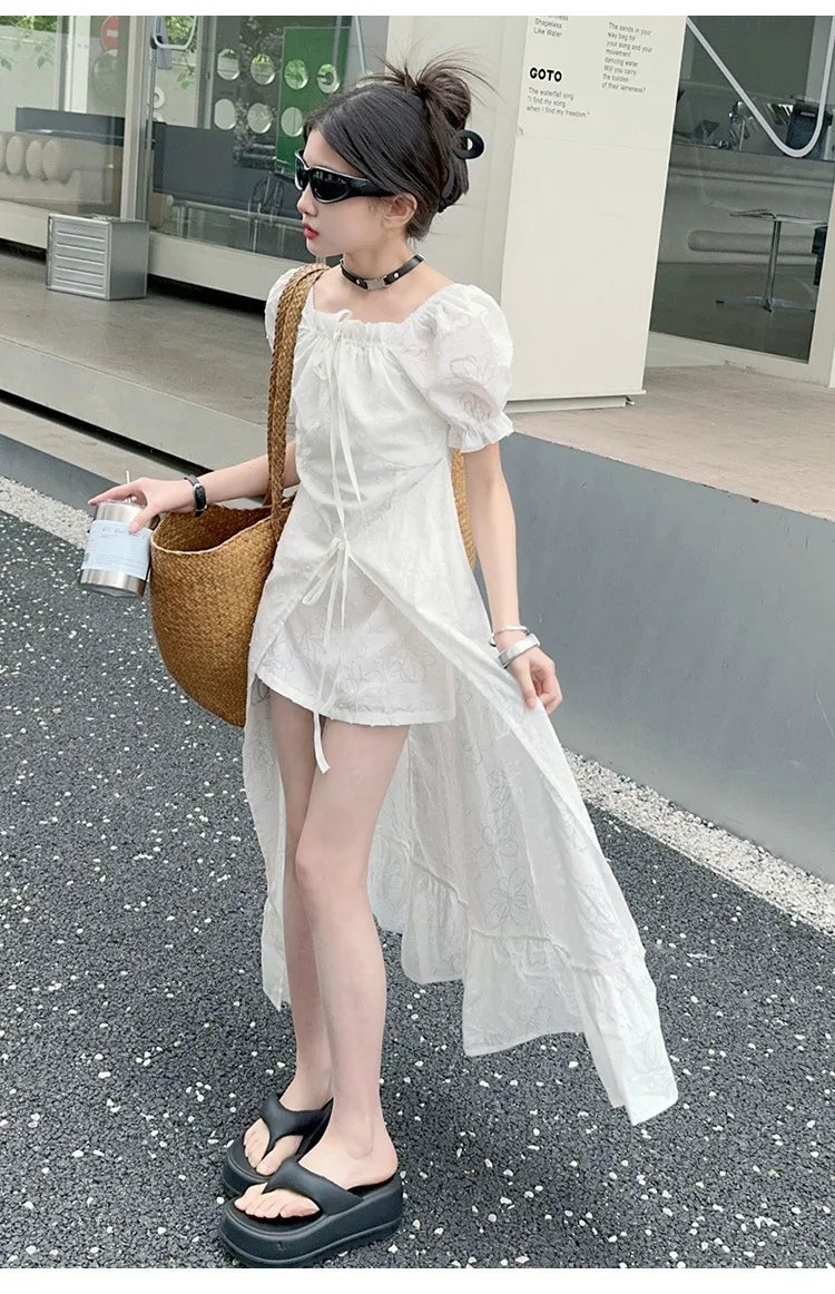 junior girls 2024 French Square Neck White Short Sleeve Dress Puff Sleeve Ruffle Long Skirt Premium teen kids princess Dresses