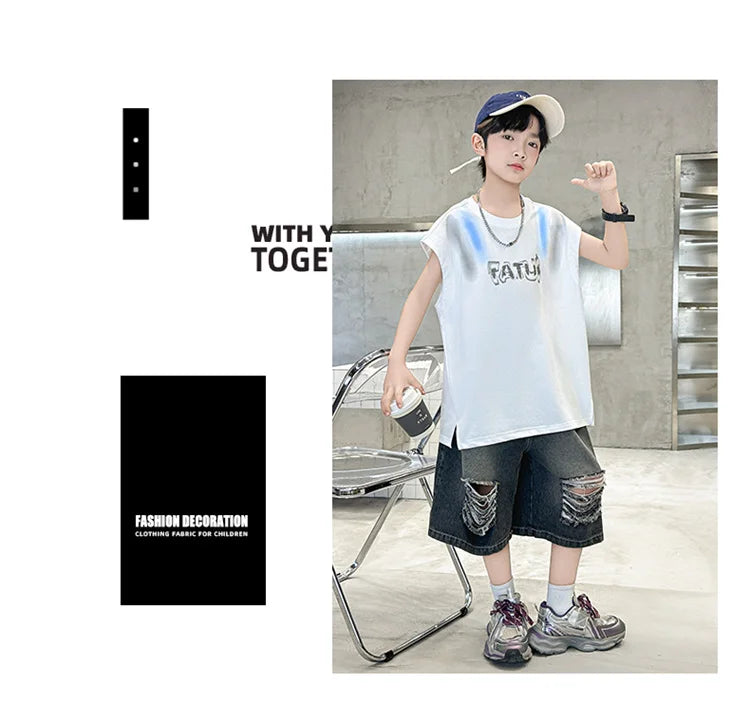 Junior Boys Summer Suit Children's Fashion Sleeveless Vest and Hole Jeans Shorts Clothing Sets for Kids 5 7 9 11 13 14 Years Old