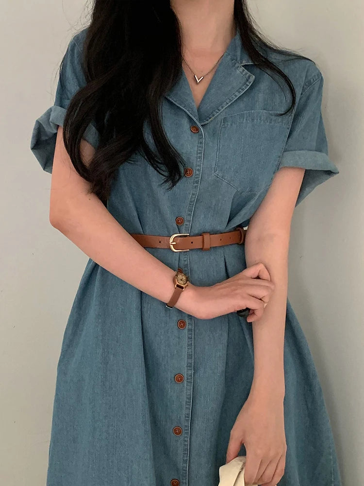 Slimming Chic Retro Chic Long Dr with Belt High Waist A-Line Skirt ort Sve Korean Sle Commute Dr Denim Dr