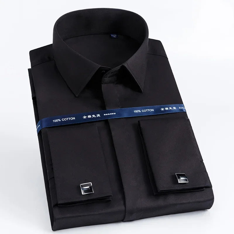 2026 Iron Free French Cufflink Long Sleeves Slim Fit 100% Cotton  Men's Concealed Buttons Solid Color High-end Wedding Dress
