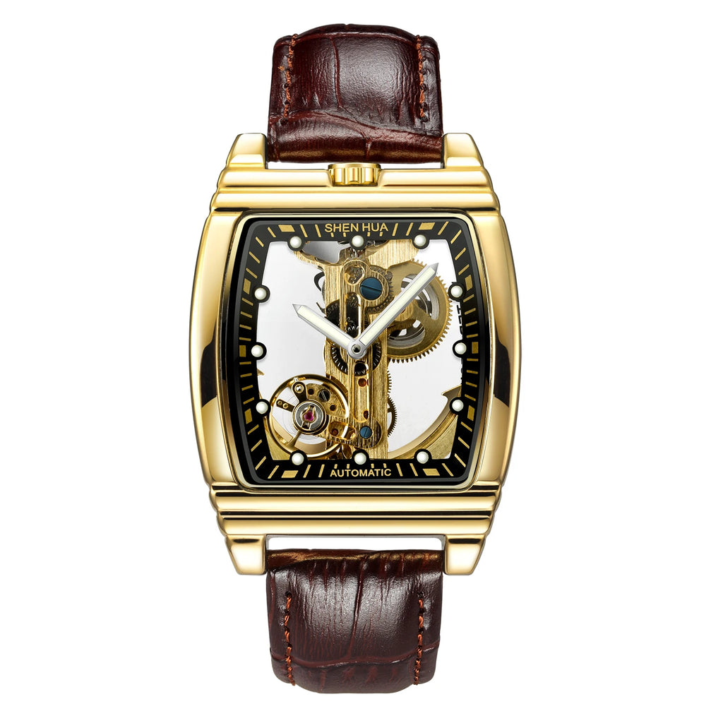 Luxury Transparent Automatic Mechanical Men Watch Steampunk Skeleton Gear Self Winding Leather Men's Clock Watches montre homme