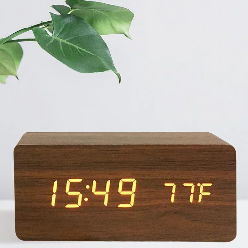 Digital Alarm Clock Wooden LED Table Clock with Temperature for Bedroom Office Travel Desk Decorations