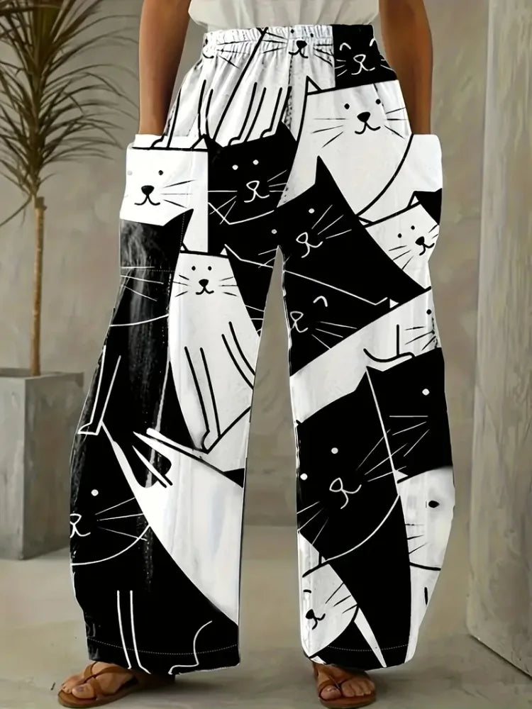 Loose Vintage Pants For Women Have Pocket Pants Cartoon New Fun Cat Animal Print Casual Women's Bloomers And Trendy Pants