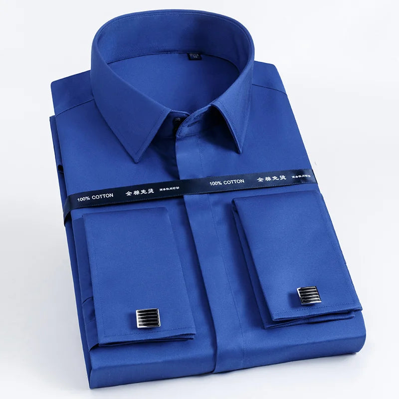 2026 Iron Free French Cufflink Long Sleeves Slim Fit 100% Cotton  Men's Concealed Buttons Solid Color High-end Wedding Dress