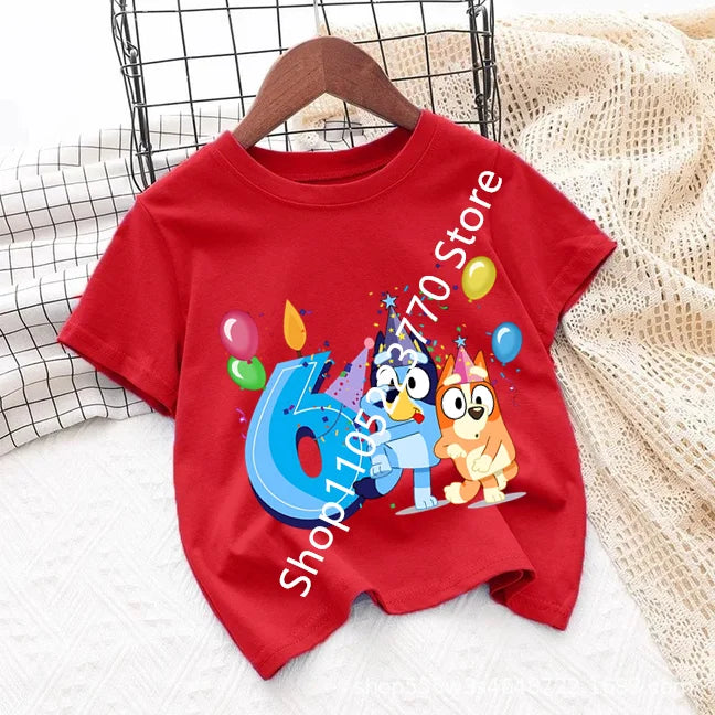 Bluey Baby Birthday T Shirt for Boys Girl Bingo Number Kids Clothes Summer Cartoon Letter Tees Shirts Toddler Short Sleeve Tops
