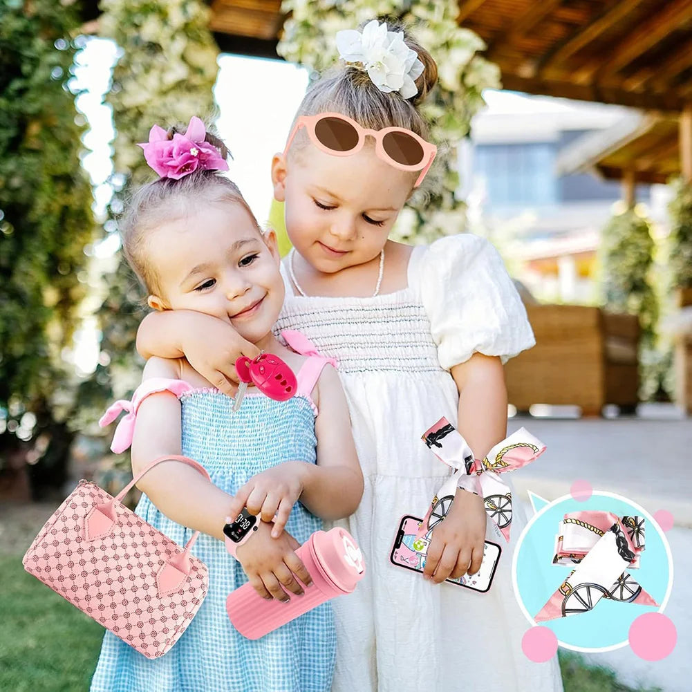 Little Girls Play Purse Princess Gifts Play Purse Set Cell Phone/Makeup/Keys Credit Card/Water Bottle/Sunglasses for Ages 3+