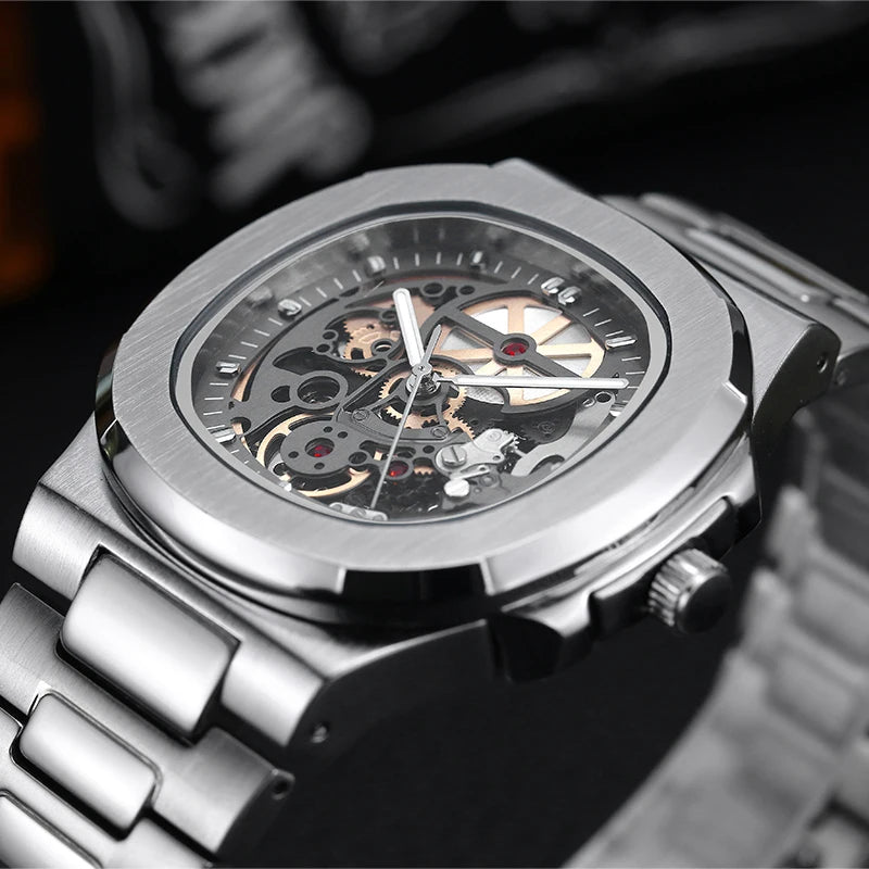 Power Reserve Mechanical Men Wristwatch Skeleton Stainless Steel Powerful Automatic Watches Square Waterproof Hand Clock Gift