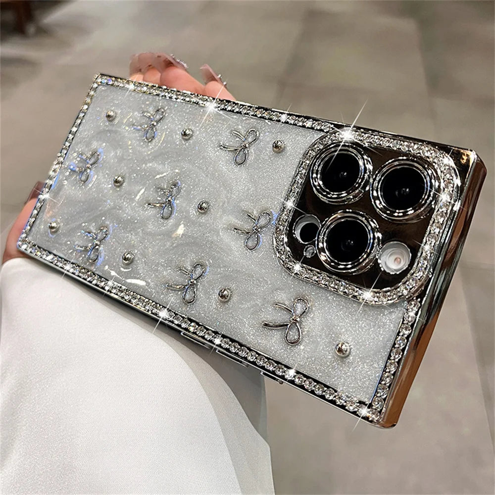 Luxury Rhinestone Bow Glitter Glossy Phone Case For iPhone 17 16 15 14 13 Pro Max Plus Lens Camera Protection Plating Back Cover
