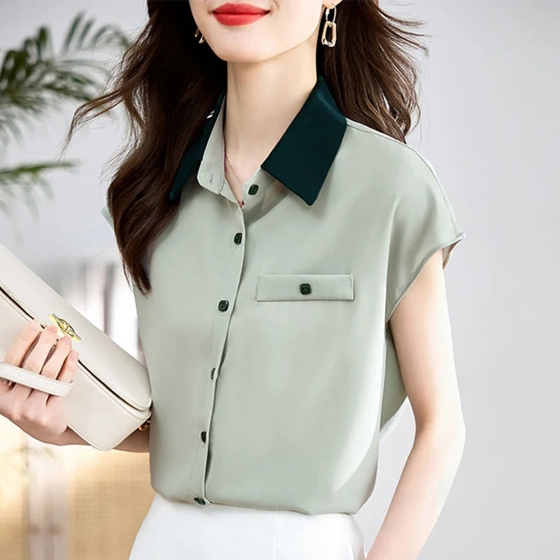 Elegant Lapel Button Spliced All-match Shirt Women's Clothing 2025 Summer New Loose Casual Tops Short Sleeve Office Lady Blouse