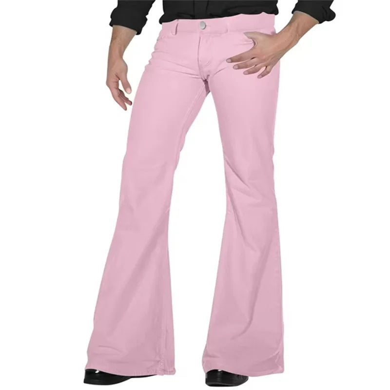 2026 Fashion Men's Vintage Disco Flared Pants Solid Stretch Slim Fit Trousers Hippie Style Casual Wide Leg Pants Male Streetwear