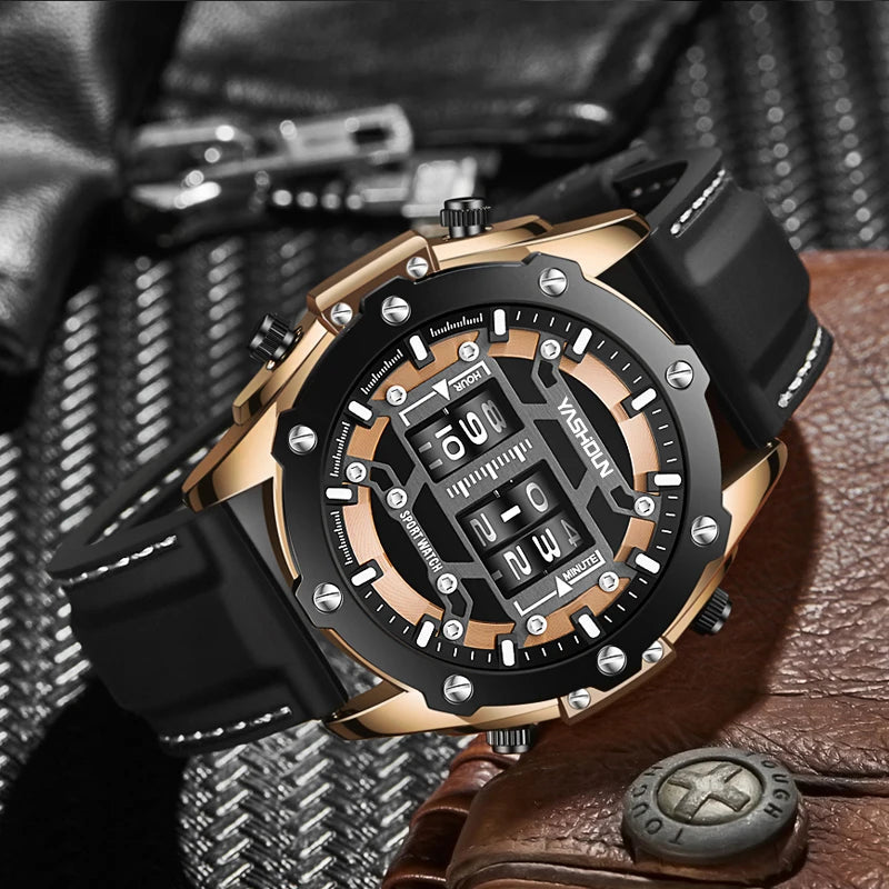 Men Quartz Watch Roller Digital Dial Design Silicone Strap Versatile Wristwatch Clock Waterproof Military Sports Clock
