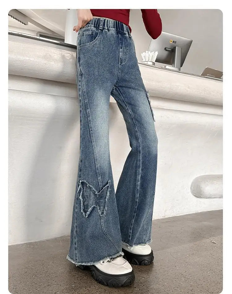 New Junior Girls Denim Pants Ins Bow Patchwork Children Girls Flared Pant Loose Elastic Waist Casual 4-14Y School Girls Trousers