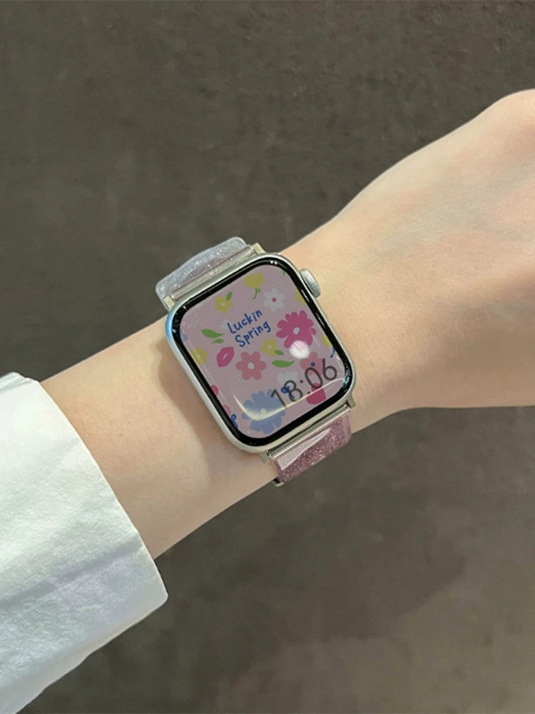 Luxury Glitter Clear Band For Apple Watch Strap 41mm 45mm 44mm 40mm 38mm Girl Sport Plastic Starp For iWatch 9 8 7 6 5 4 3 2 SE