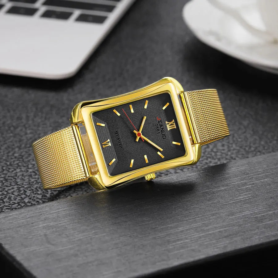 2024 New Trendy Men's Square Watch Business Luxury Large Dial Gold Mesh Band Scale Fashion Men's Quartz Watch