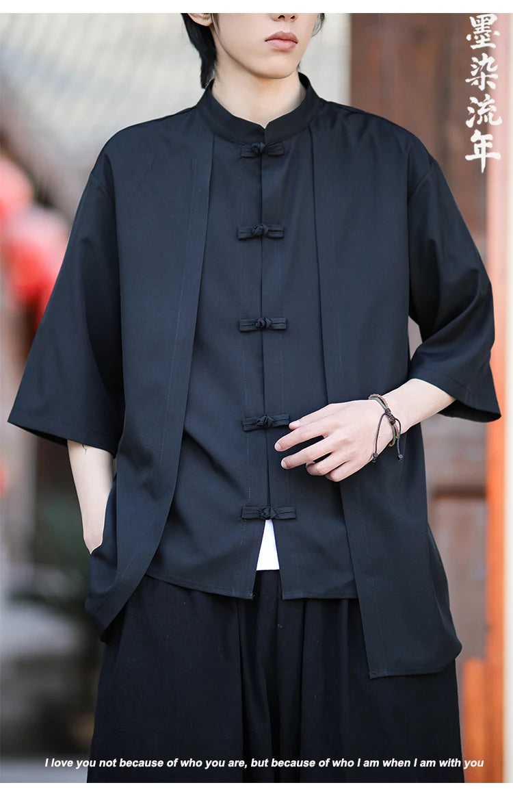 Chinese Shirt Men Ice Silk Chinese Style Comfortable Breathable Retro Shirt  Men Casual Summer Loose Fit Fashion Solid Color Top