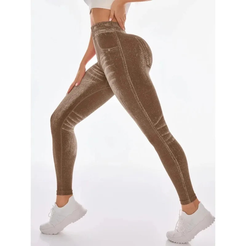 Women's Gym Printed Yoga Tight Pants Seamless High Waisted Denim-like Perforated Fake Pocket Tight Pants Yoga Fitness Leggings