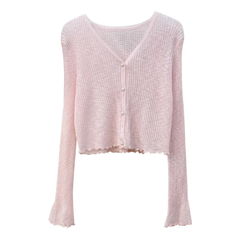 Women 2026 Spring Summer Short Pearl Button Thin Casual Coat Gentle Ruffle Trim Long Sleeve Ice Silk Sunscreen Knitted Cardigan