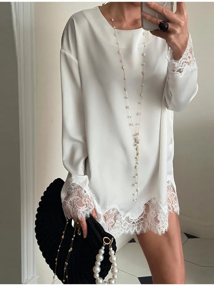 Elegant Modest Blouse Designers Satin Lace Retro Women Tops Spring Romantic Casual Chic Fashionable Streetwear