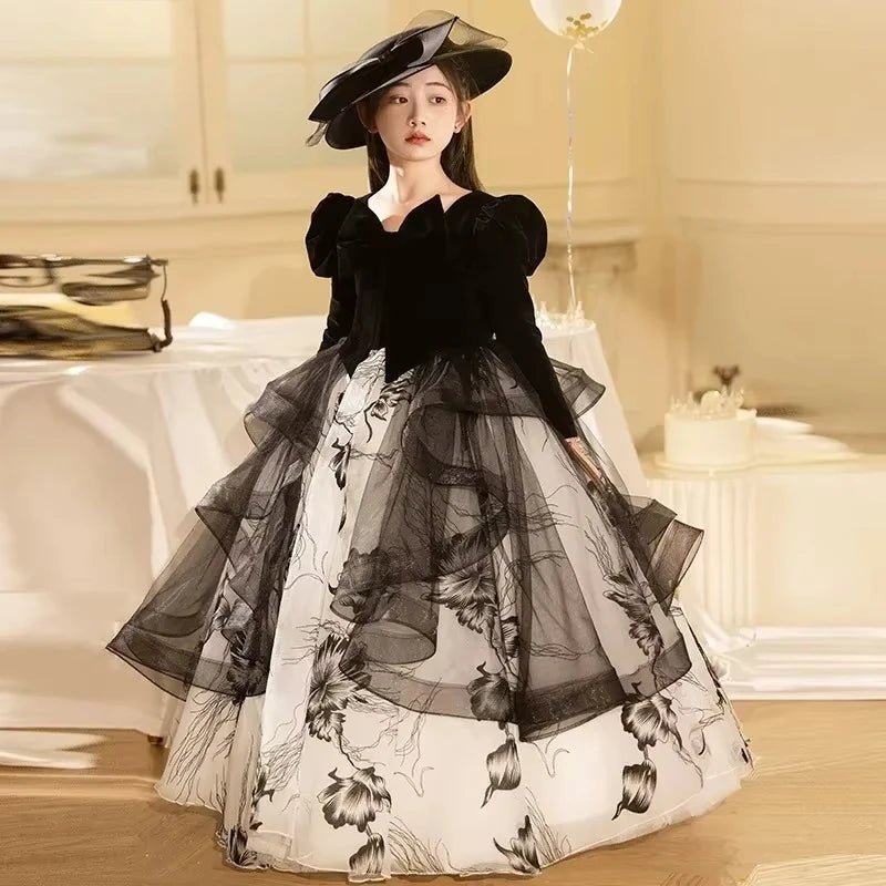 Girls' Spring Dress 3-14y Sweet Girls Floral Puff Long Sleeve PrincessCostumes Vestidos Dresses Kid's Clothes Children's Mes