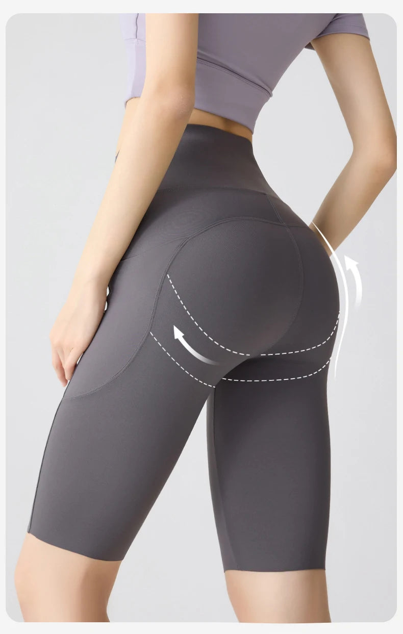 BIVIGAOS Summer Pocket Yoga Sharkskin Bicycle Shorts Women Thin High Waist Push Up Naked Feeling Sports  Fitness Cycling Shorts