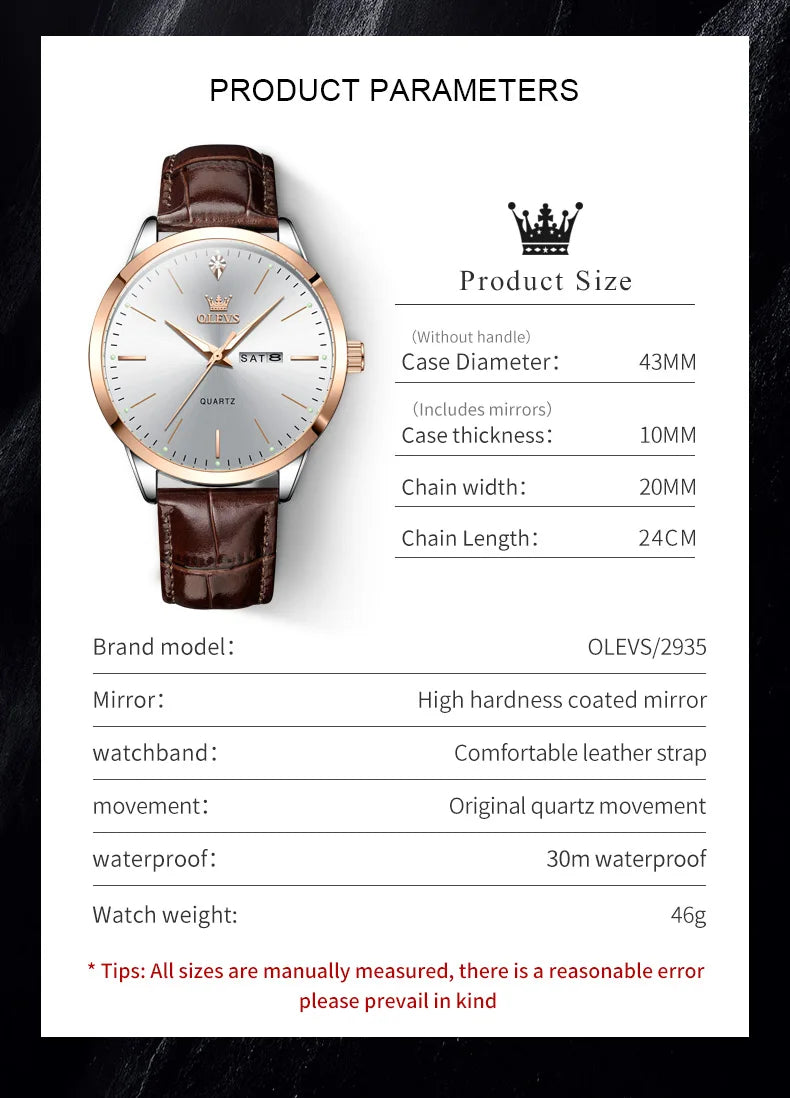 OLEVS 2935 Original Business Men Watch Leather Strap Trend Week Calendar Quartz Watch Luminous Waterproof 43mm Dial wristwatch