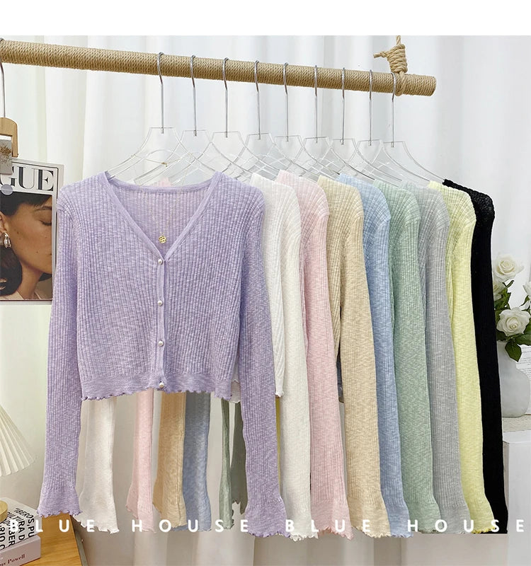 Women 2026 Spring Summer Short Pearl Button Thin Casual Coat Gentle Ruffle Trim Long Sleeve Ice Silk Sunscreen Knitted Cardigan