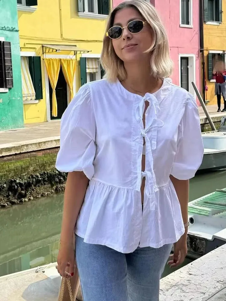HH Women Causal O Neck Short Puff Sleeve Shirt Sweet White Bow Lace Up Tops 2024 New Fashion Chic Female Streetwear Blouse