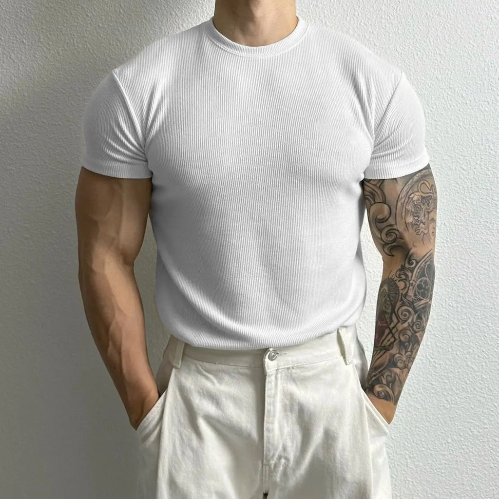 Summer Men Short Sleeve Slim Fitness T-Shirts Streetwear Fashion Solid Versatile Casual Sports Training Sweat Black Knitted Tops