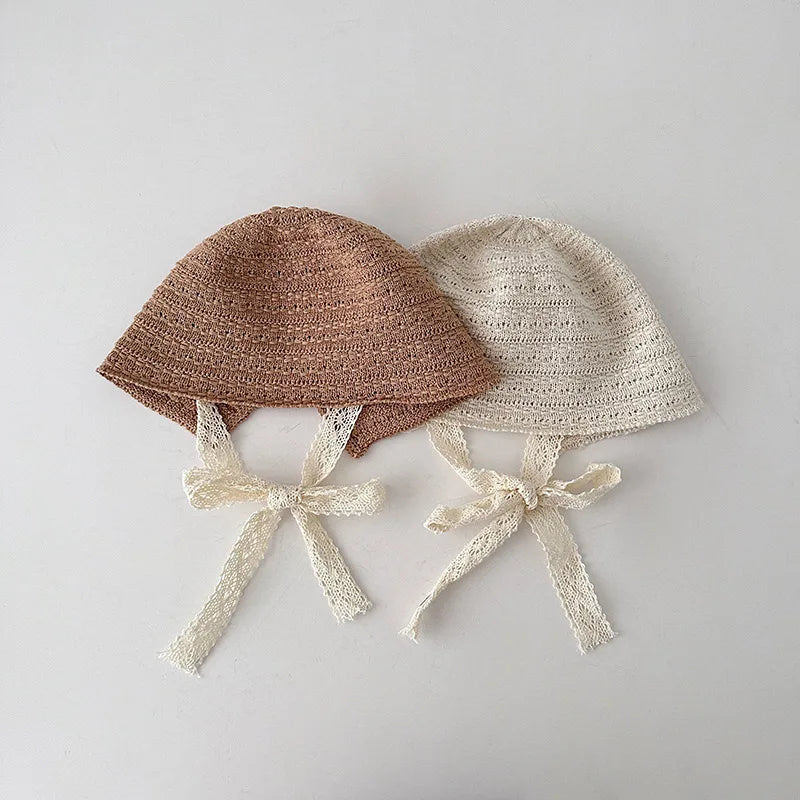 Summer Baby Girl Straw Hat Lace Bowknot Sunscreen Kids Panama Cap Outdoor Beach Sunshade Bucket Hats