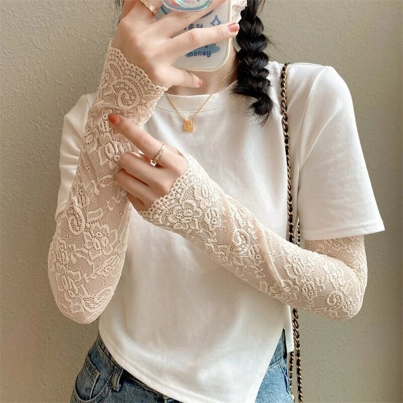 Long Lace Gloves Gothic Thin Hollow Fingerless Gloves Women Sun Protection Sleeves Oversleeve Mesh Arm Sleeve Sunscreen Mittens
