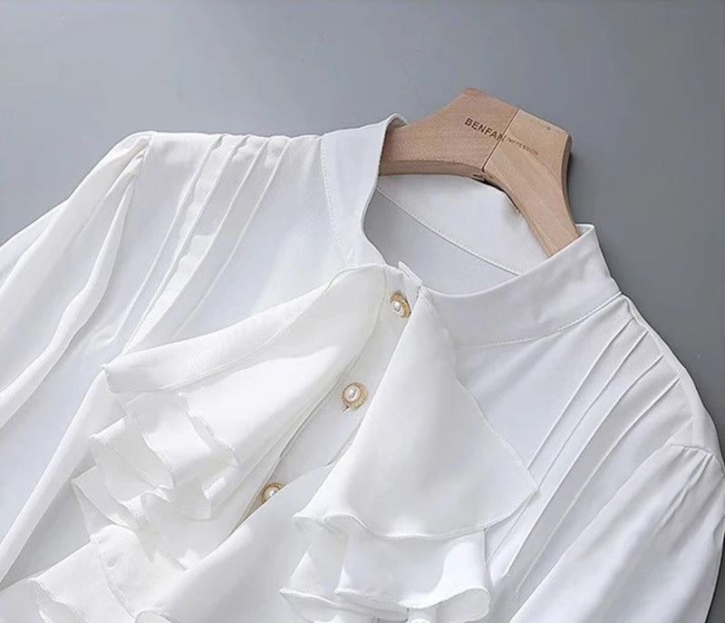 MEXZT Vintage White Shirts Women Elegant Ruffles Flare Long Sleeve Blouses Office Ladies Korean Single Breasted Design Chic Tops