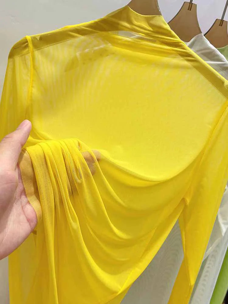 Transparent Gauze Bottoming T-shirt Women Clothing Summer Long Sleeved T-shirt with Gauze Shirt Half High Collar Sunscreen 2023