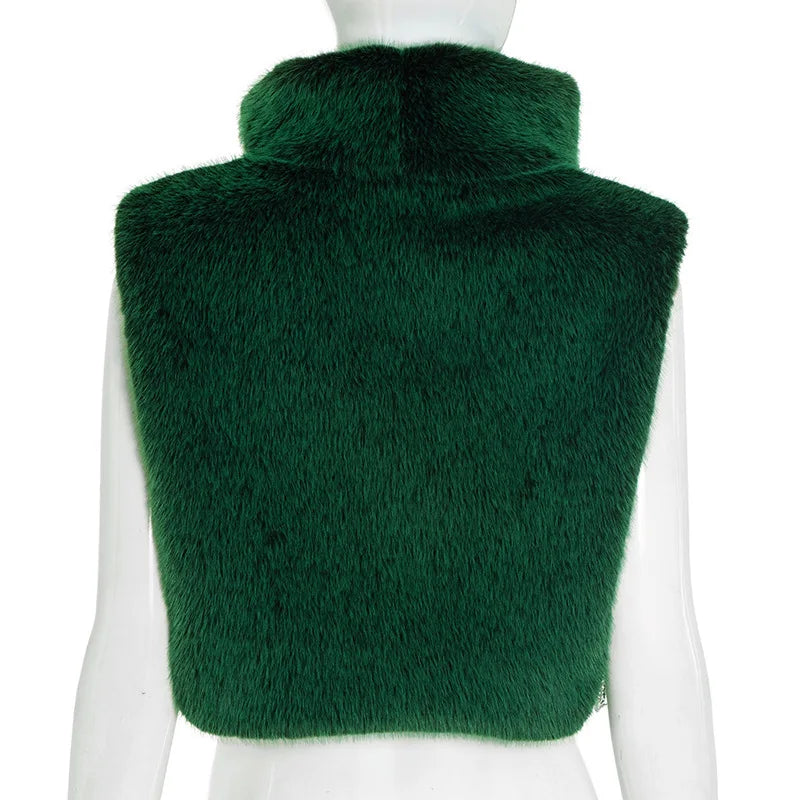 Turtleneck Furry Tank Tops Women Trend Sexy Side Split Chic Fall Trend Midnight Basic Street Furs Hipster Clubwear Vest Crop Top