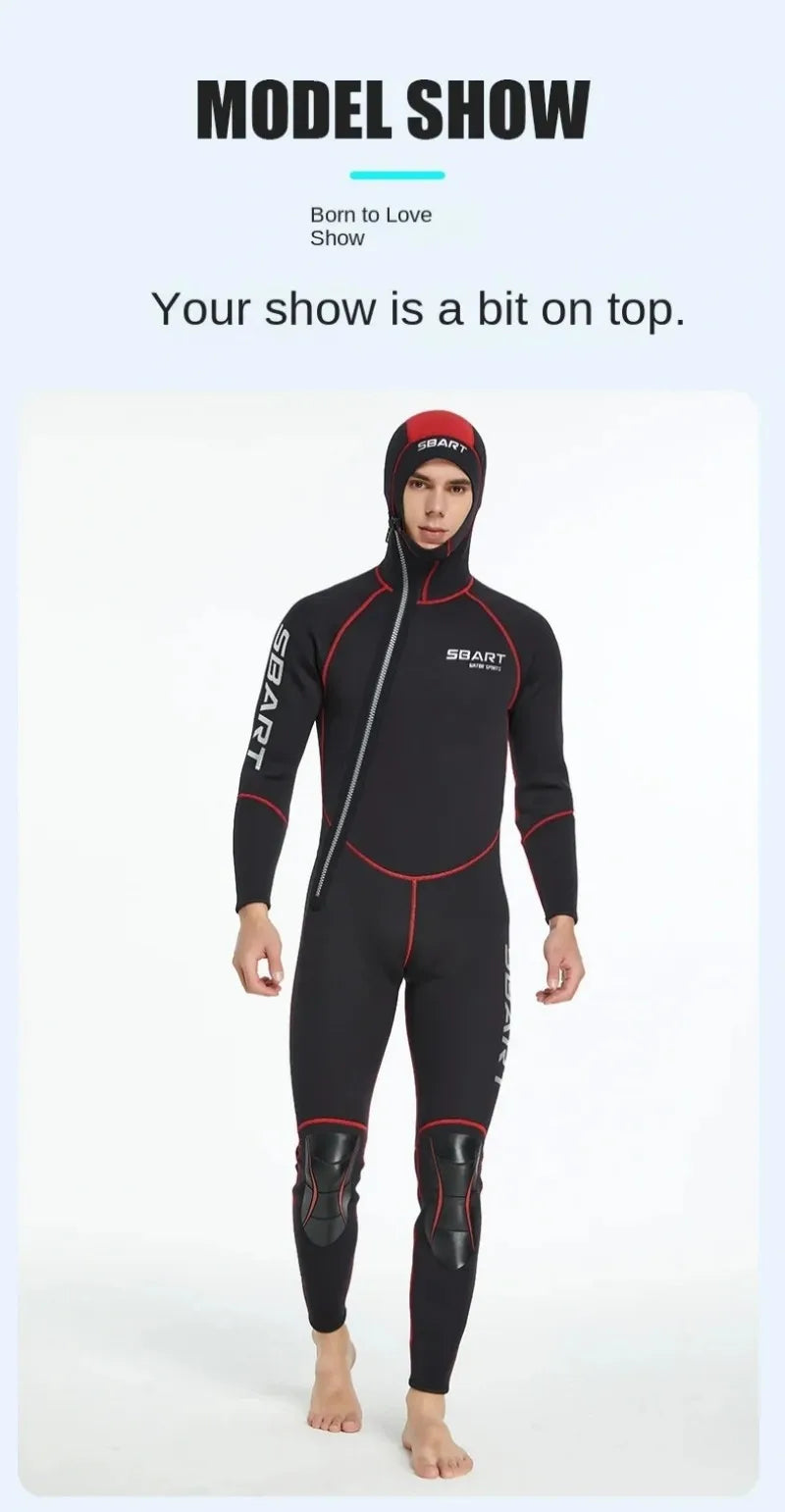 SBART 3mm One-piece Neoprene Wetsuit Men Hooded Warm Long Sleeve Diving Suit Cold Proof Sunscreen Surfing Swimming Snorkeling