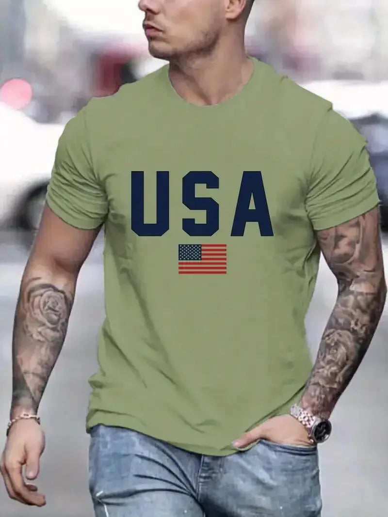'USA' Pattern Print Men's Comfy T-shirt, Graphic Tee Men's Summer Outdoor Clothes, Men's Clothing, Tops for Men