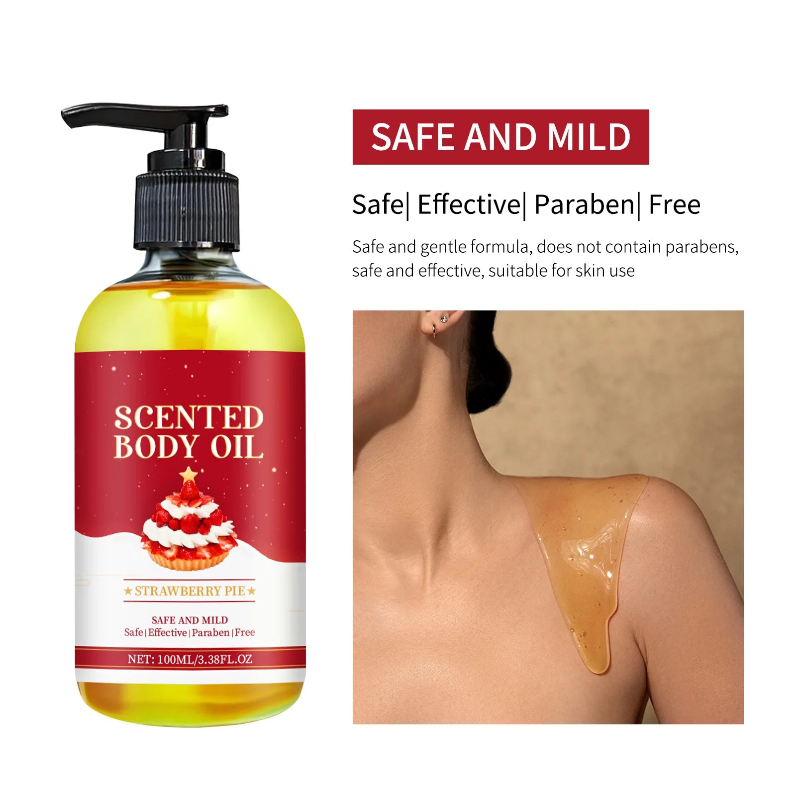 100ml Body Oil Deep Nourishing Moisturizing Dry Skin Relief Plant Essential Oils for Skincare Massage, Strawberry Pie Scent