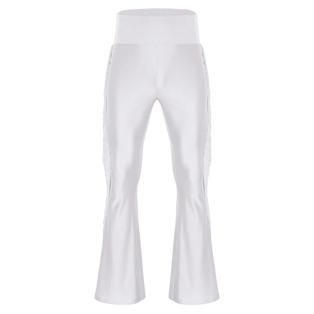 Mens Tassel Flared Pants Vintage Bell-Bottom High Waist Trousers for Jazz Latin Dance Stage Performance Club Disco Party Costume