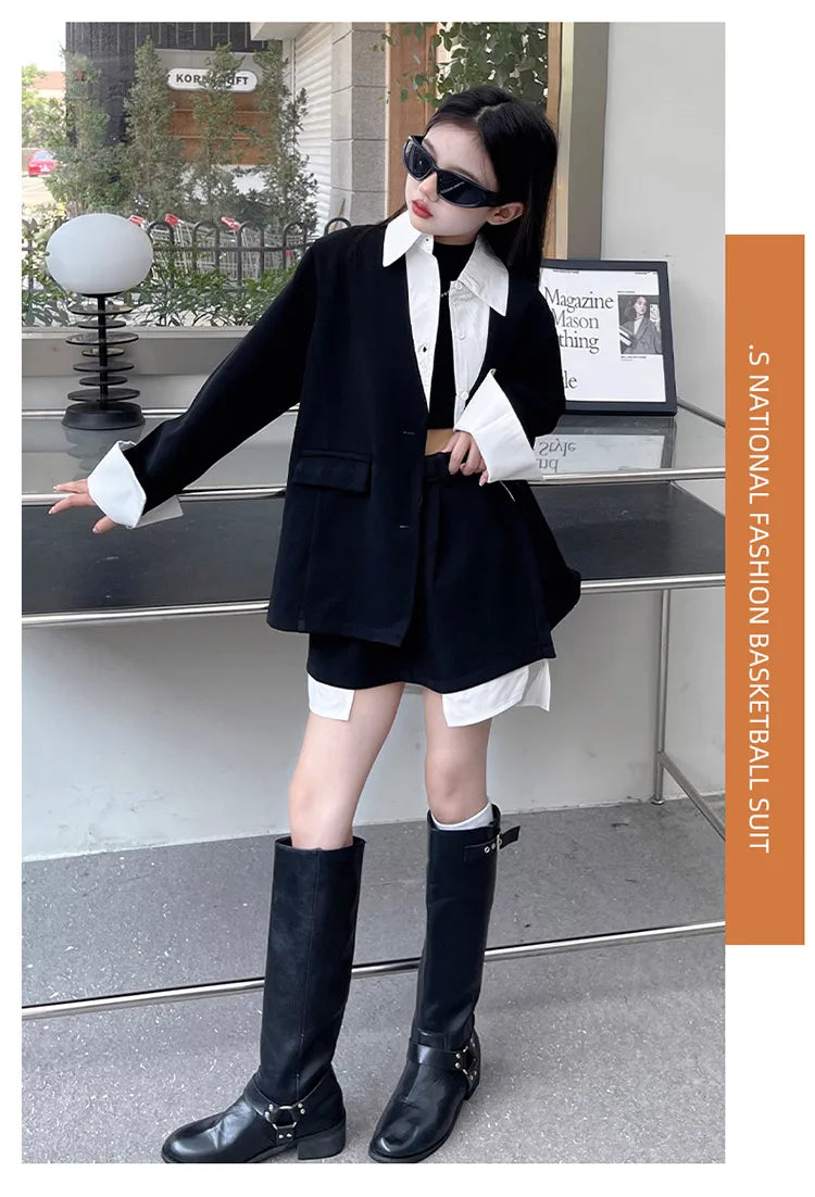 Girls' Suit Set Ages 5-14 Trendy Spliced Two-Piece Outfit with Jacket And Short Skirt for Children's Fashion Shows Machine Wa...