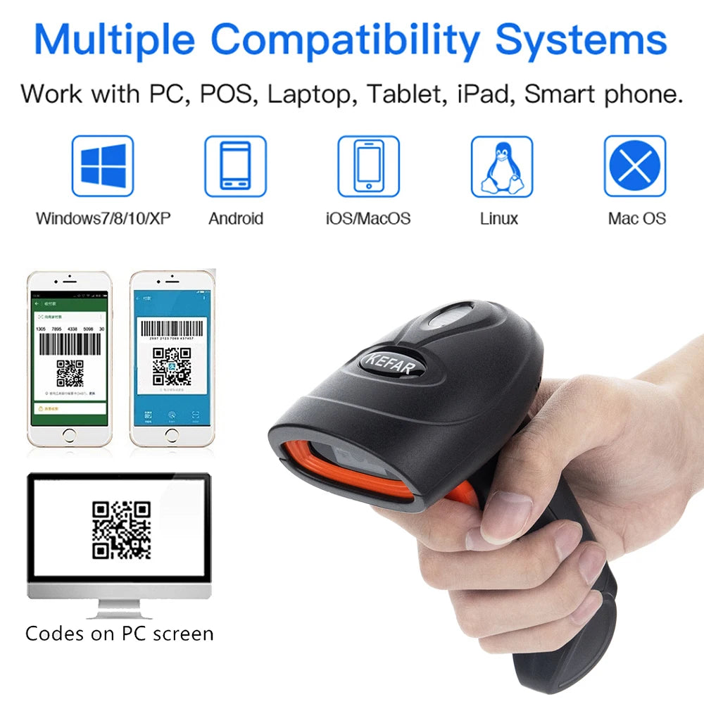 KEFAR Wireless Barcode Scanner Wired Handheld Barcode Reader Bluetooth QR PDF417 DM Codes Reader for Smartphone Screan Reader
