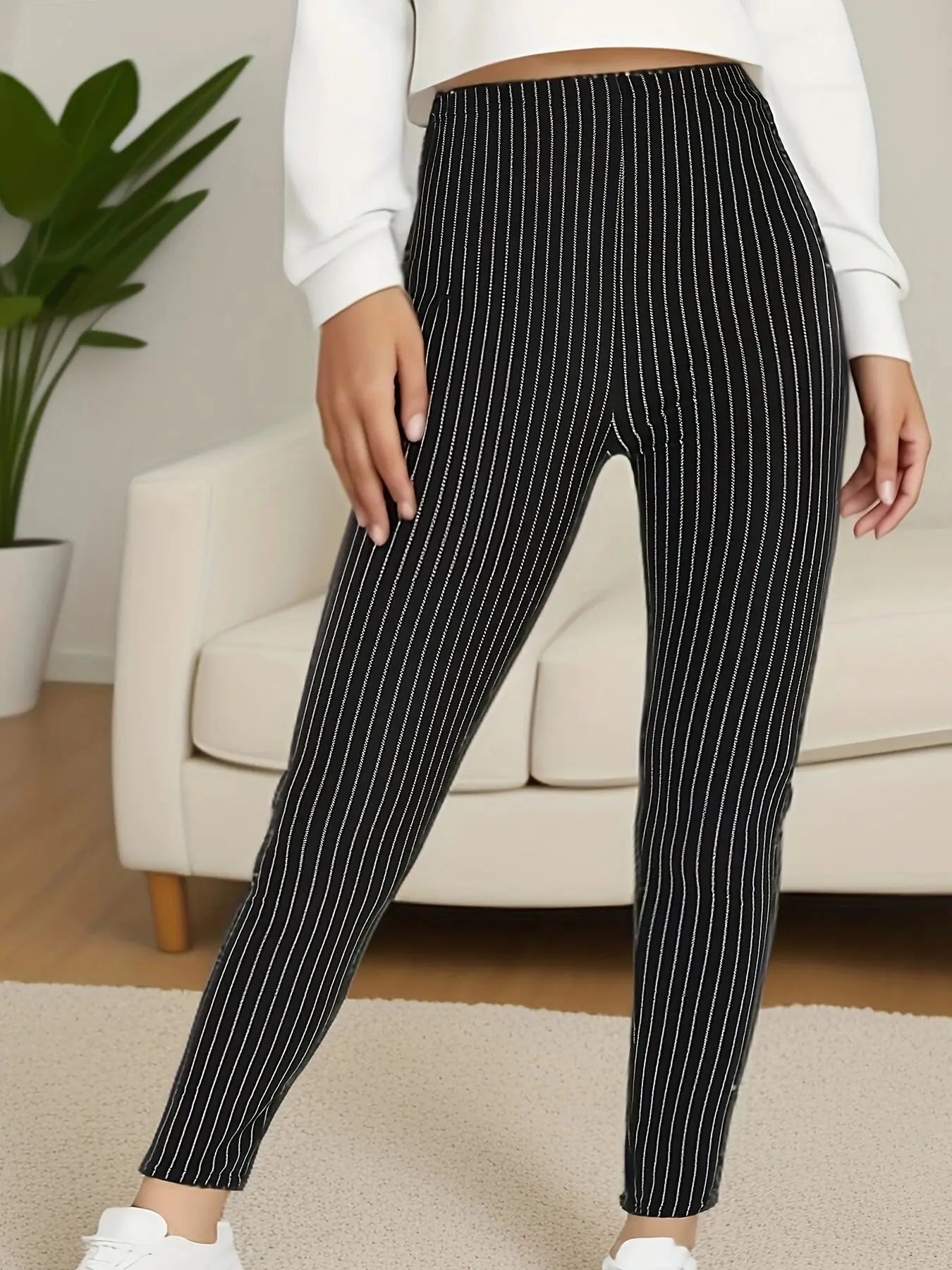 CUHAKCI Plus Size Sports Tight Women's Bottom Pants Black Vertical Strip High Elasticity Casual Fitness And Ankle Nine Pants