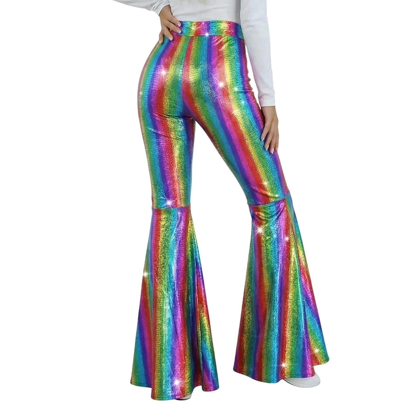 Women's Sequin Flared Pants High Waist Shiny Disco Party Trousers Loose Fit Dance Club Stretchy Bell Bottom Wide Leg Trousers