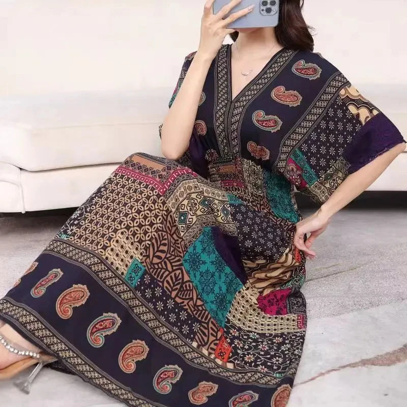 Boho Chic Short Sleeve Dress Slash Neck Elegant Women Dress Vintage Romantic Print Midi Dress Holiday Dress New Clothes Trend