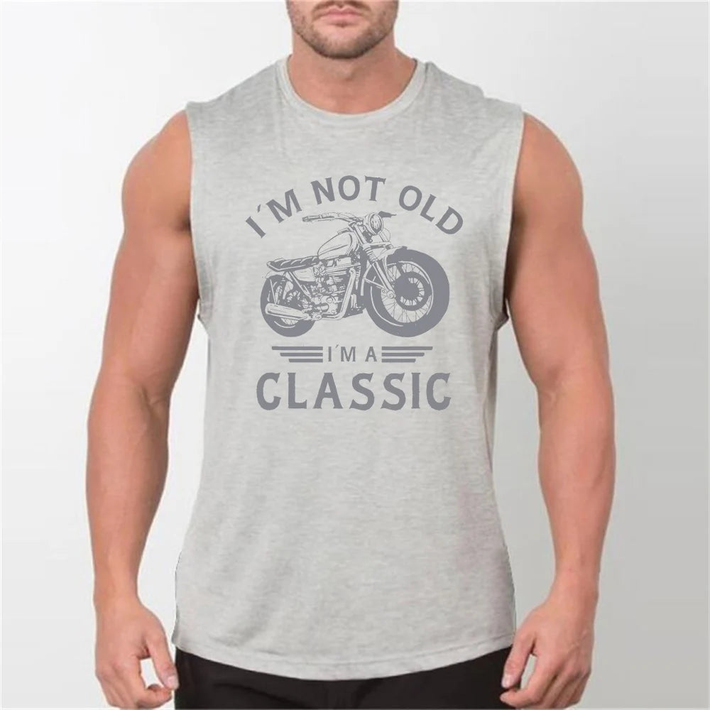Men's summer casual sports fitness loose retro motorcycle print comfortable breathable round neck sleeveless vest