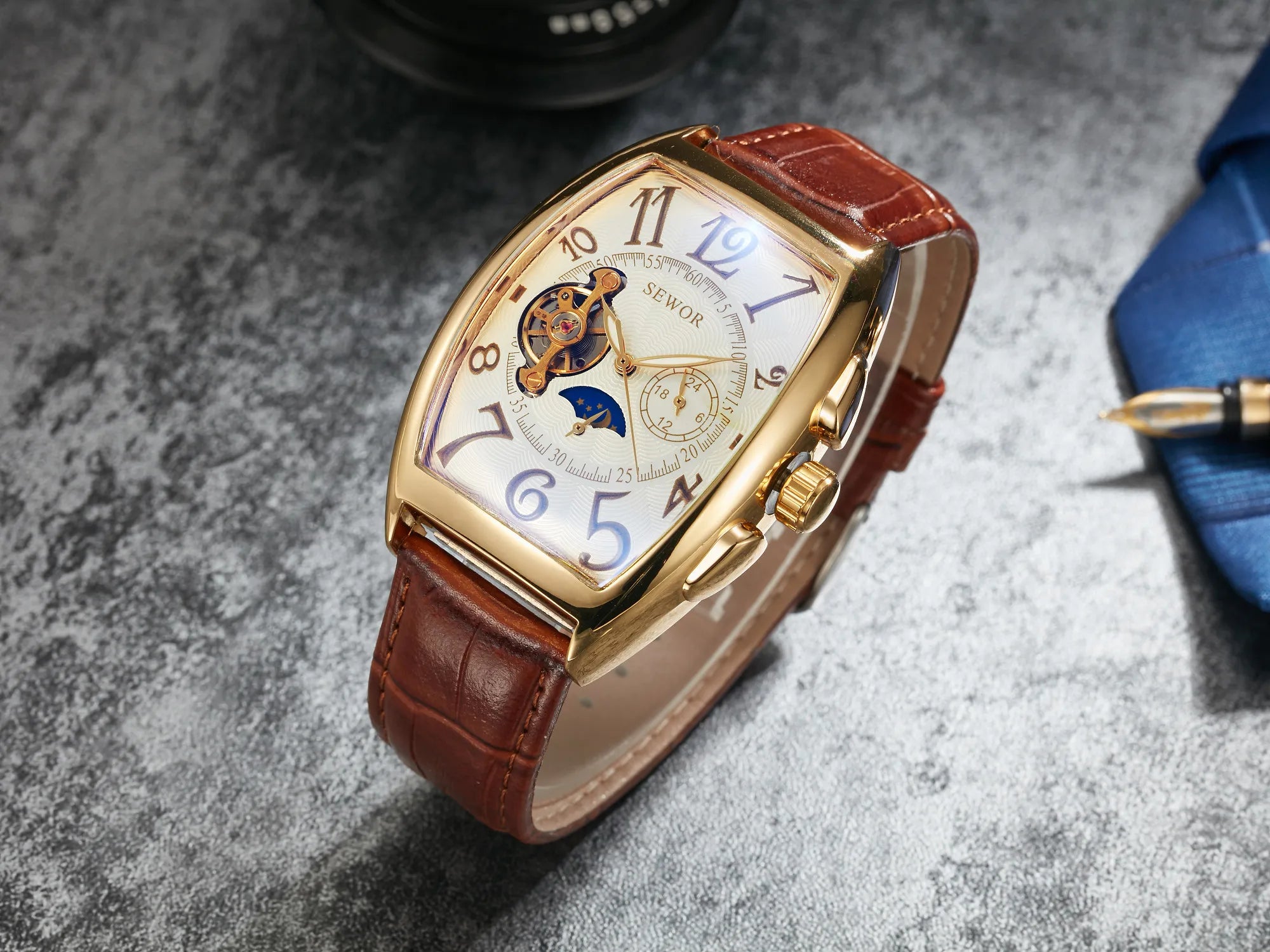 Top Fashion Luxury Gold Watch Men Mon Phase Tourbillon Watches Small Seconds Automatic Mechanical Wristwatches Reloj Hombre 2023
