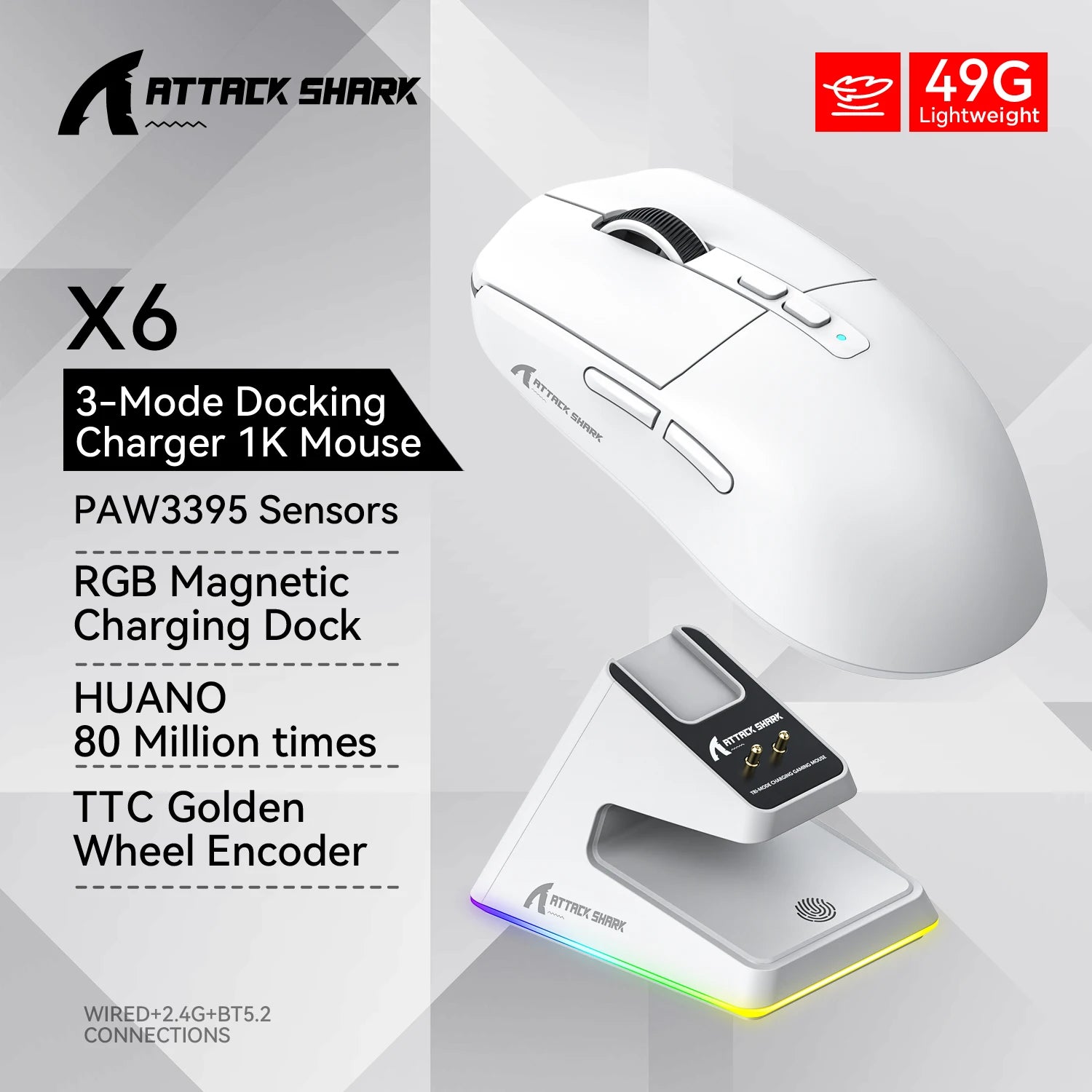 Attack Shark X6 Wireless Gaming Mouse Bluetooth Tri-Mode Connection,RGB Touch Magnetic Charging Base PAW3395 Macro Gaming Mouse