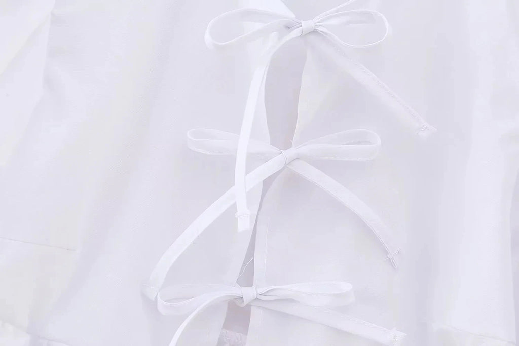 HH Women Causal O Neck Short Puff Sleeve Shirt Sweet White Bow Lace Up Tops 2024 New Fashion Chic Female Streetwear Blouse