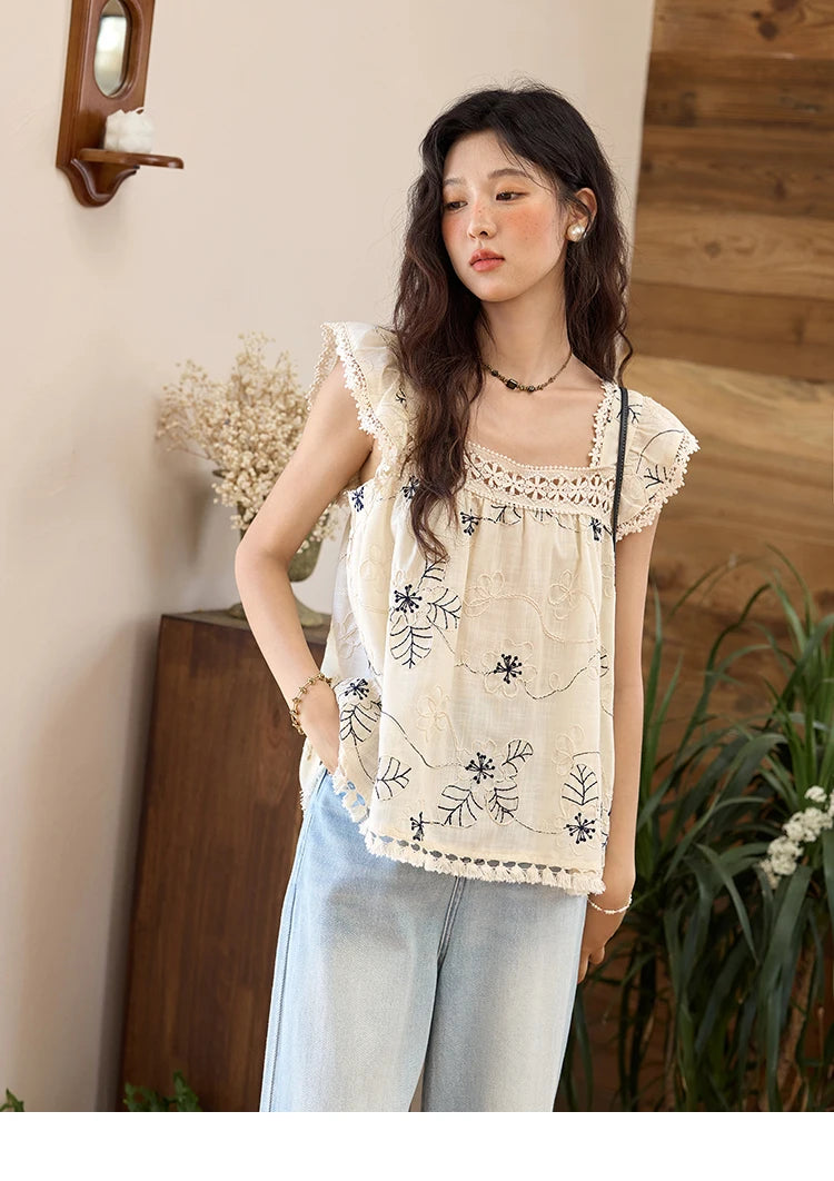 MISHOW Square Collar Embroidered Doll Blouses for Women Summer 2025 Flying Sleeve Patchwork Lace Tassels Retro Tops MXE35X1839