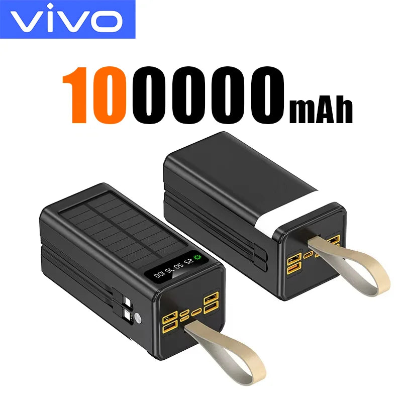 VIVO 500000mAh Solar Power Bank High-capacity Built-in 4 Cables External Battery LED Light PowerBank for iPhone Samsung