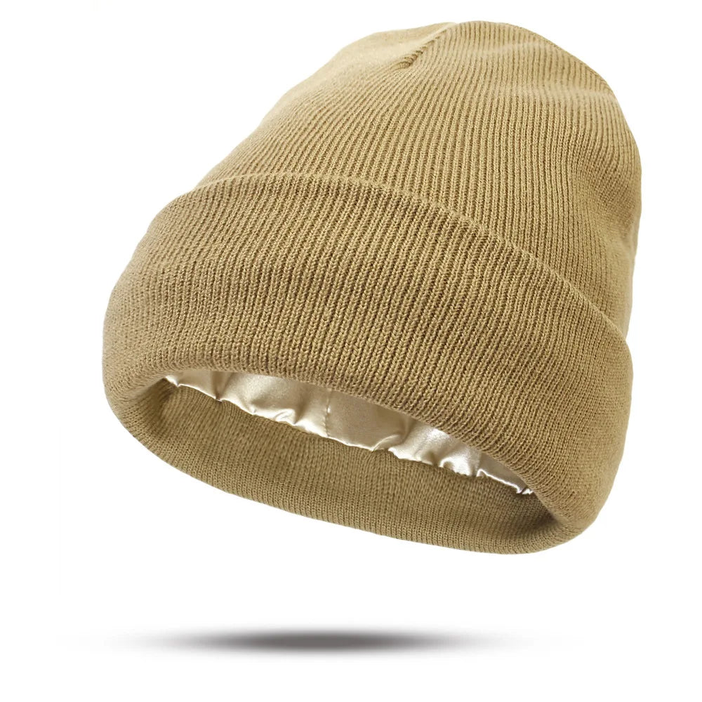 Women's Hats for Autumn&Winter-Comfortable Stylish Versatile Warm-Keeping Hairstyle-Protecting Knitted Satin Woolen Hats